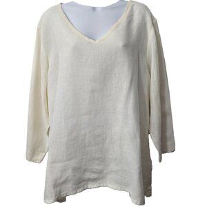 Flax Boxy Linen Tunic Top L Shirt V Neckline Ivory 3/4 Sleeve Beach Cruise Relax